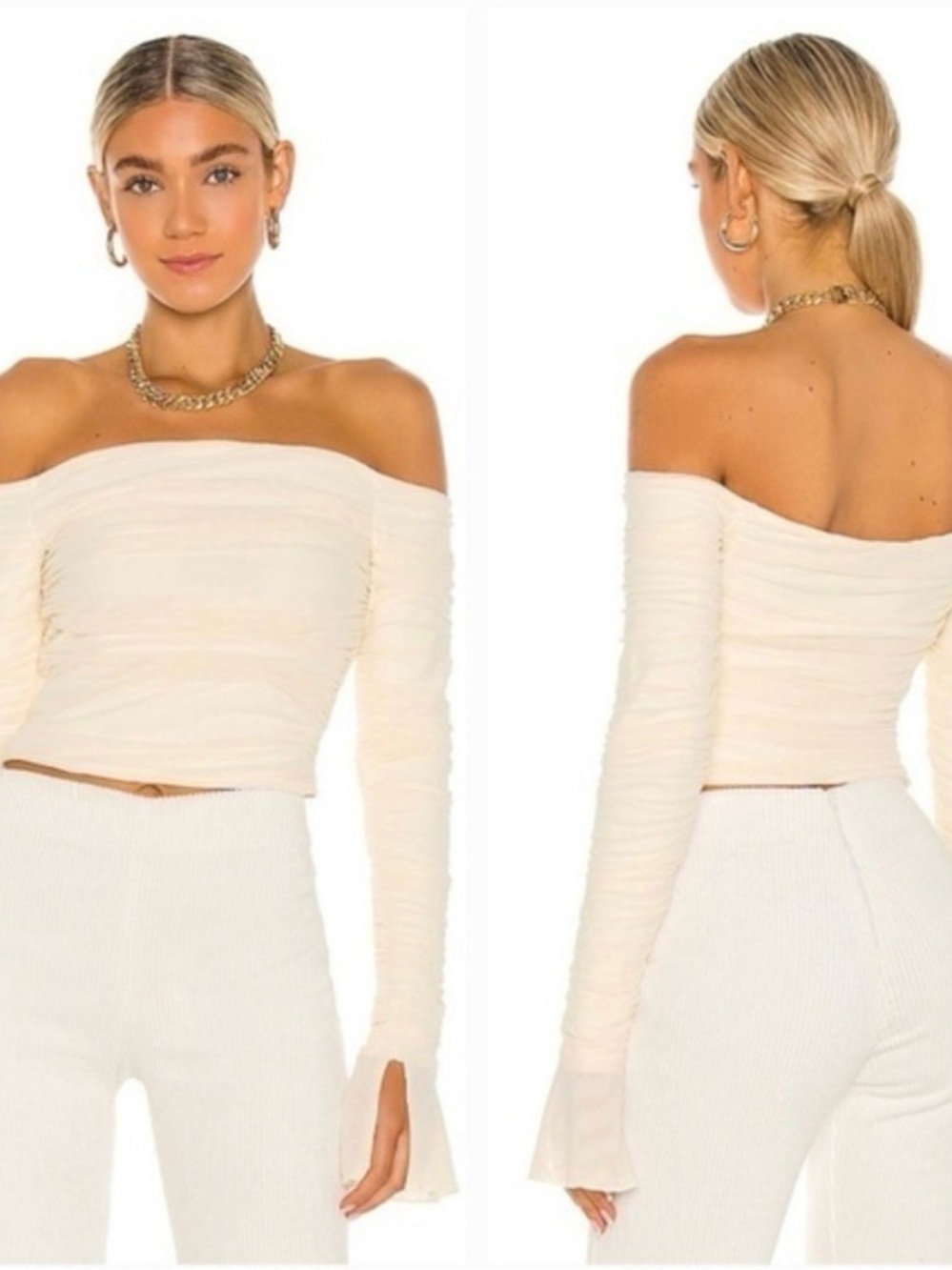Guizio Off-Shoulder Long Sleeve Ruched Crop Top in Cream